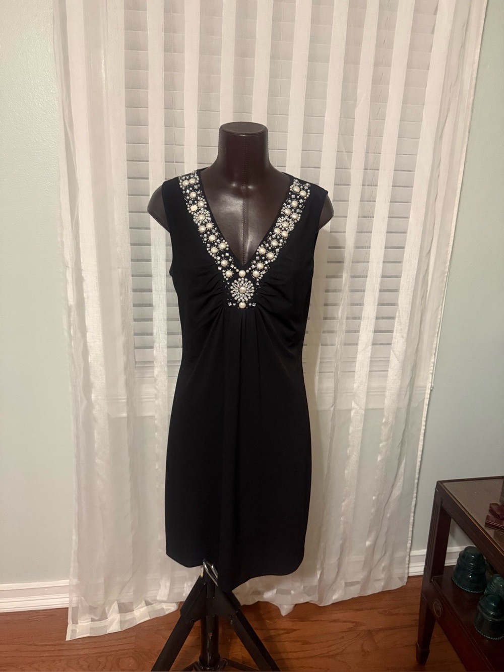 Spense Black Sleeveless V-Neck Dress with Pearl & Crystal Embellishment